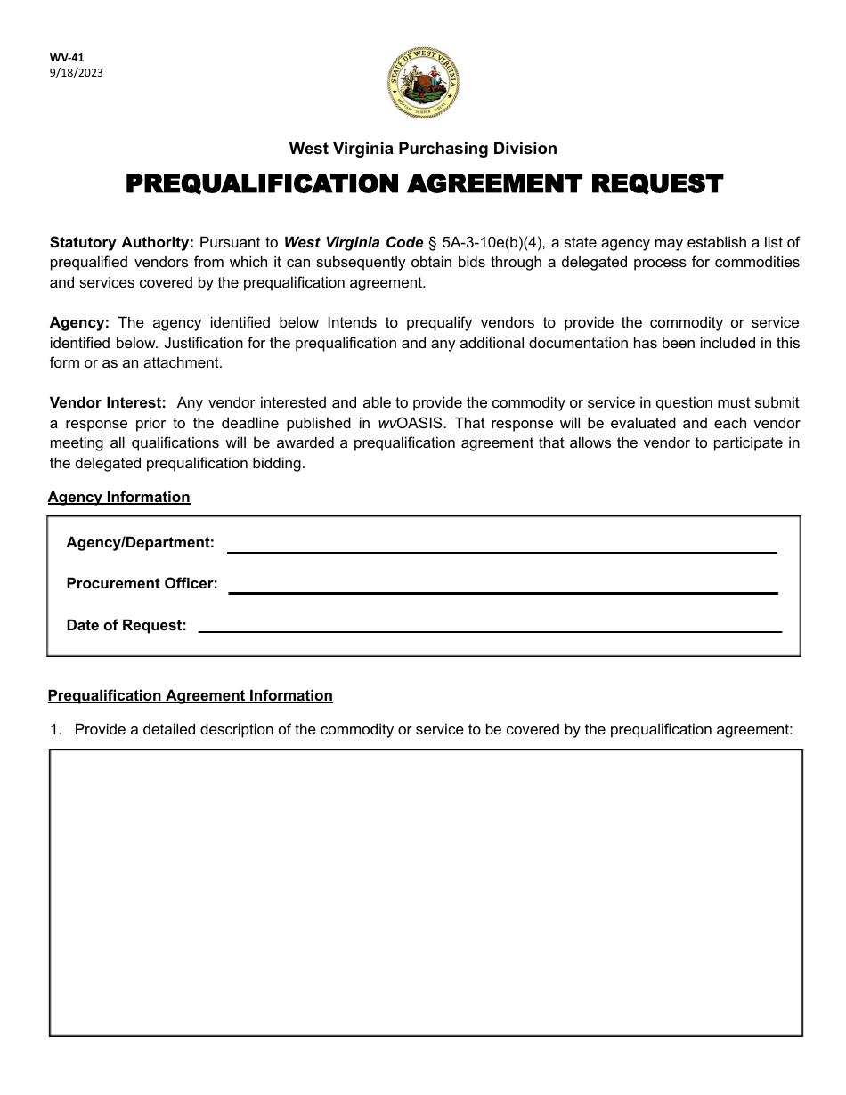 Form WV-41 Prequalification Agreement Request - West Virginia, Page 1