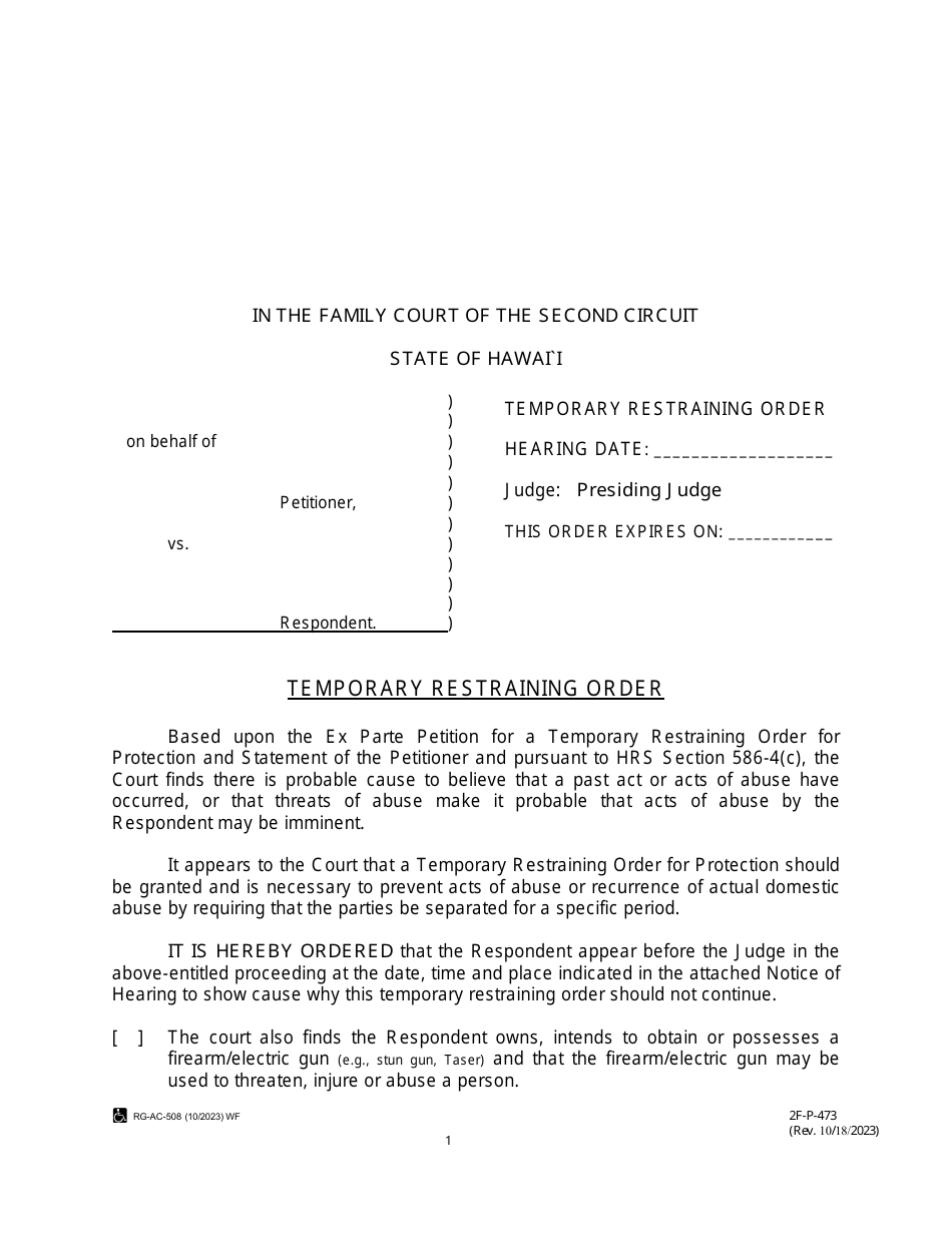 Form 2F-P-473 Temporary Restraining Order - Hawaii, Page 1