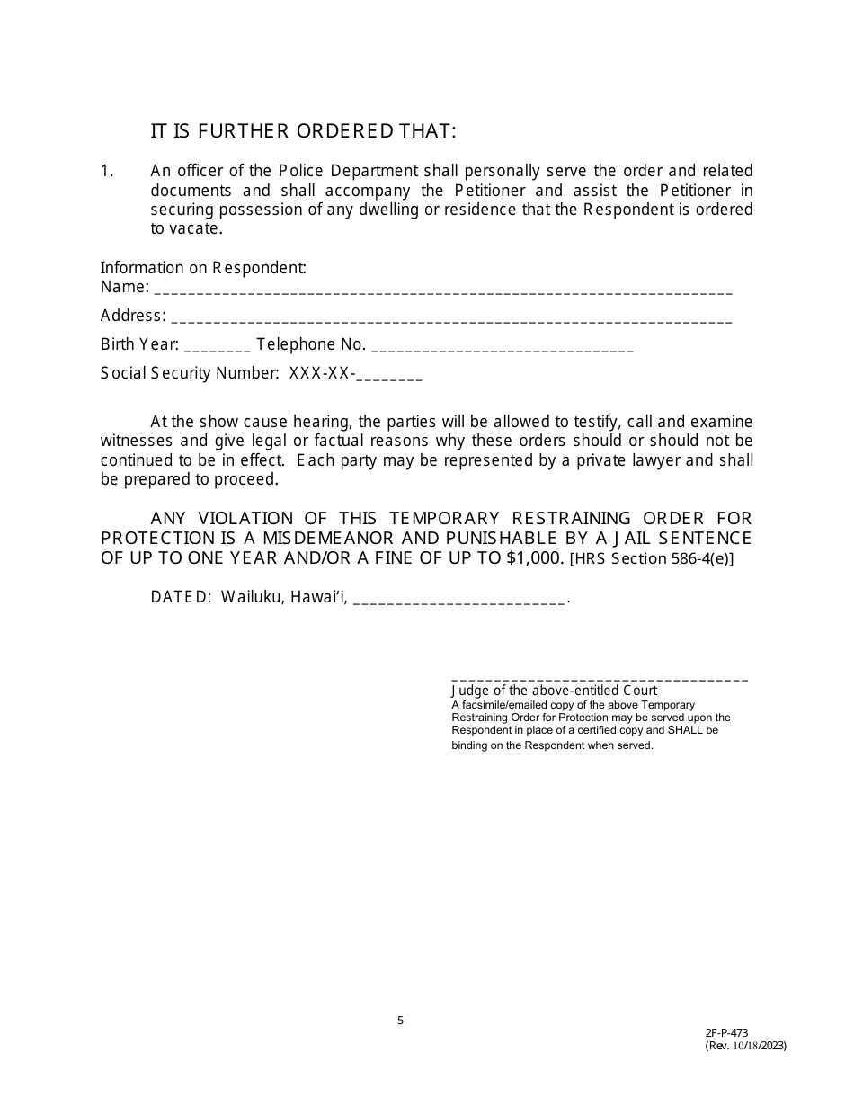 Form 2F-P-473 Temporary Restraining Order - Hawaii, Page 5