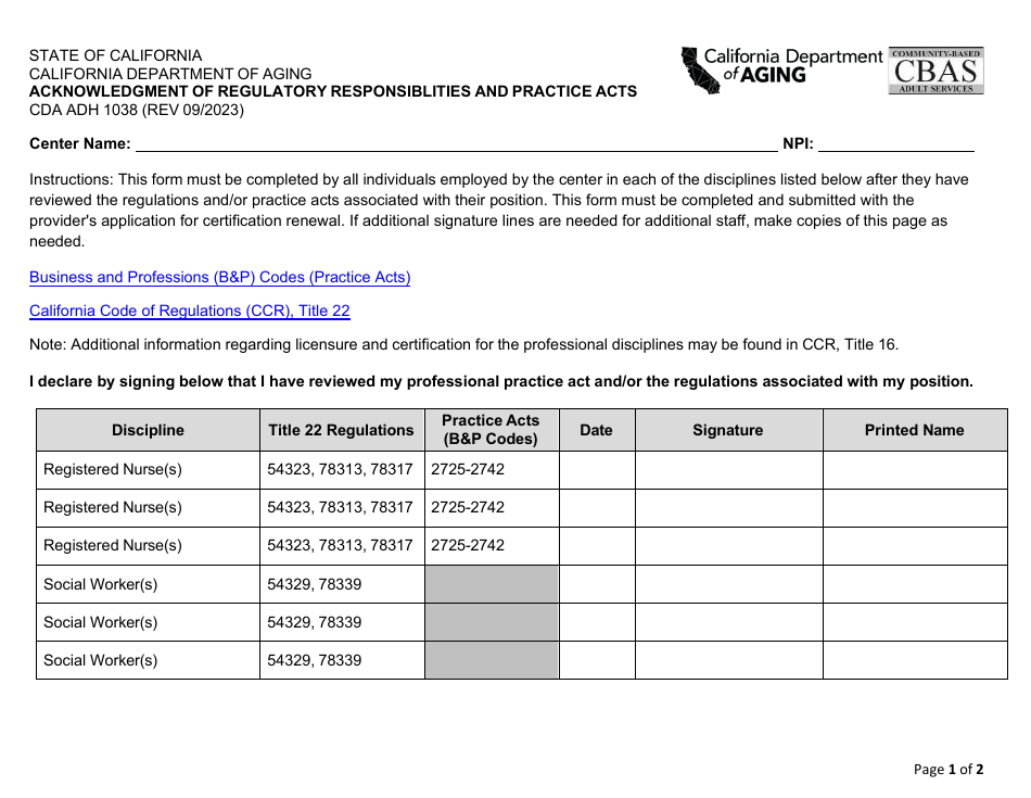 Form CDA ADH1038 Acknowledgment of Regulatory Responsiblities and Practice Acts - California, Page 1