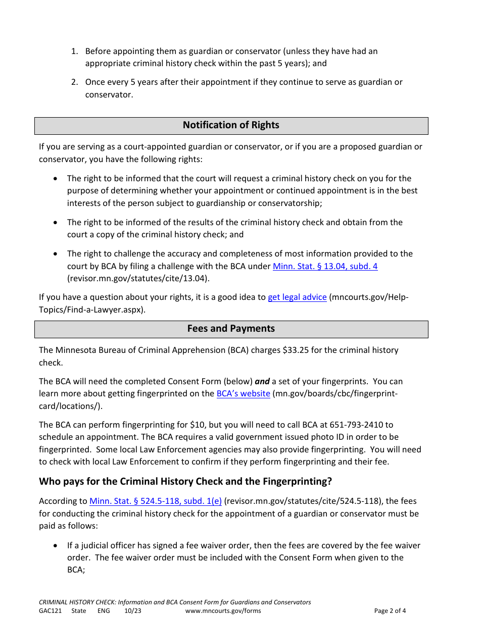Form GAC121 Bca Criminal History Check Consent Form (Guardianship / Conservatorship) - Minnesota, Page 2