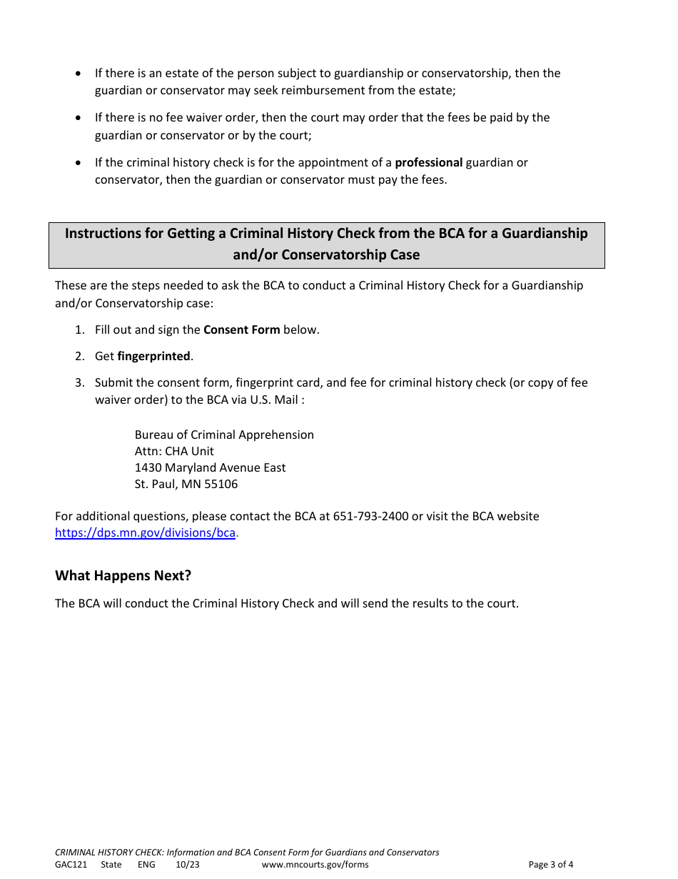 Form GAC121 Bca Criminal History Check Consent Form (Guardianship / Conservatorship) - Minnesota, Page 3
