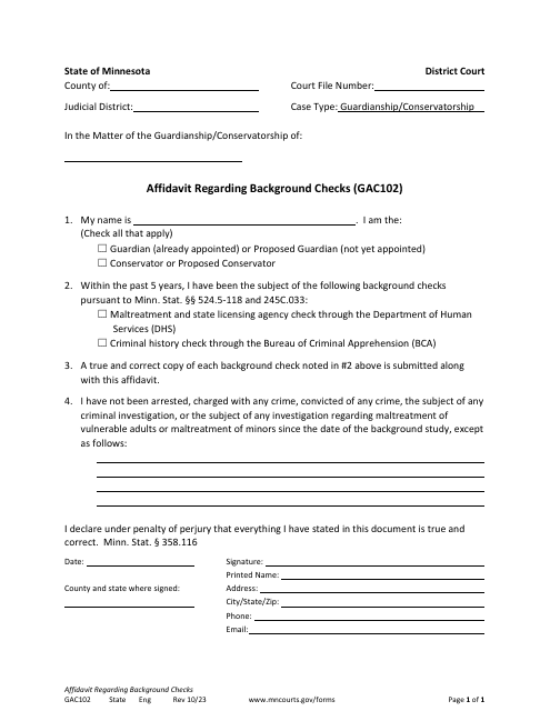 Form GAC102 Affidavit Regarding Background Checks - Minnesota