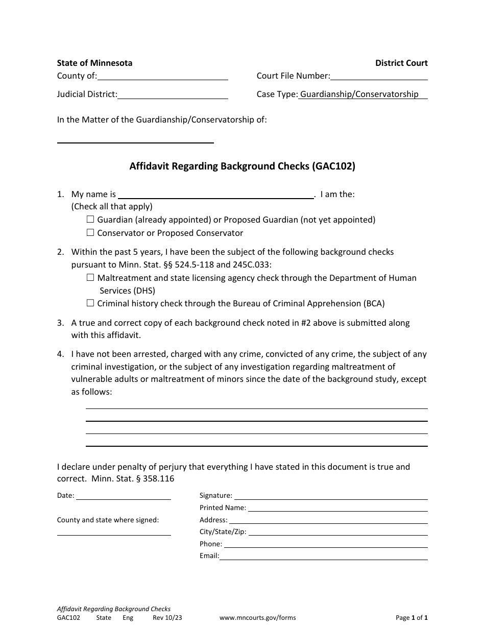 Form GAC102 Affidavit Regarding Background Checks - Minnesota, Page 1