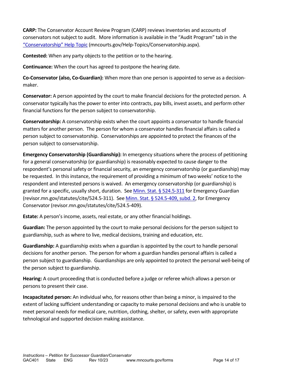 Form GAC401 Instructions - Petition for Successor Guardian / Conservator - Minnesota, Page 14