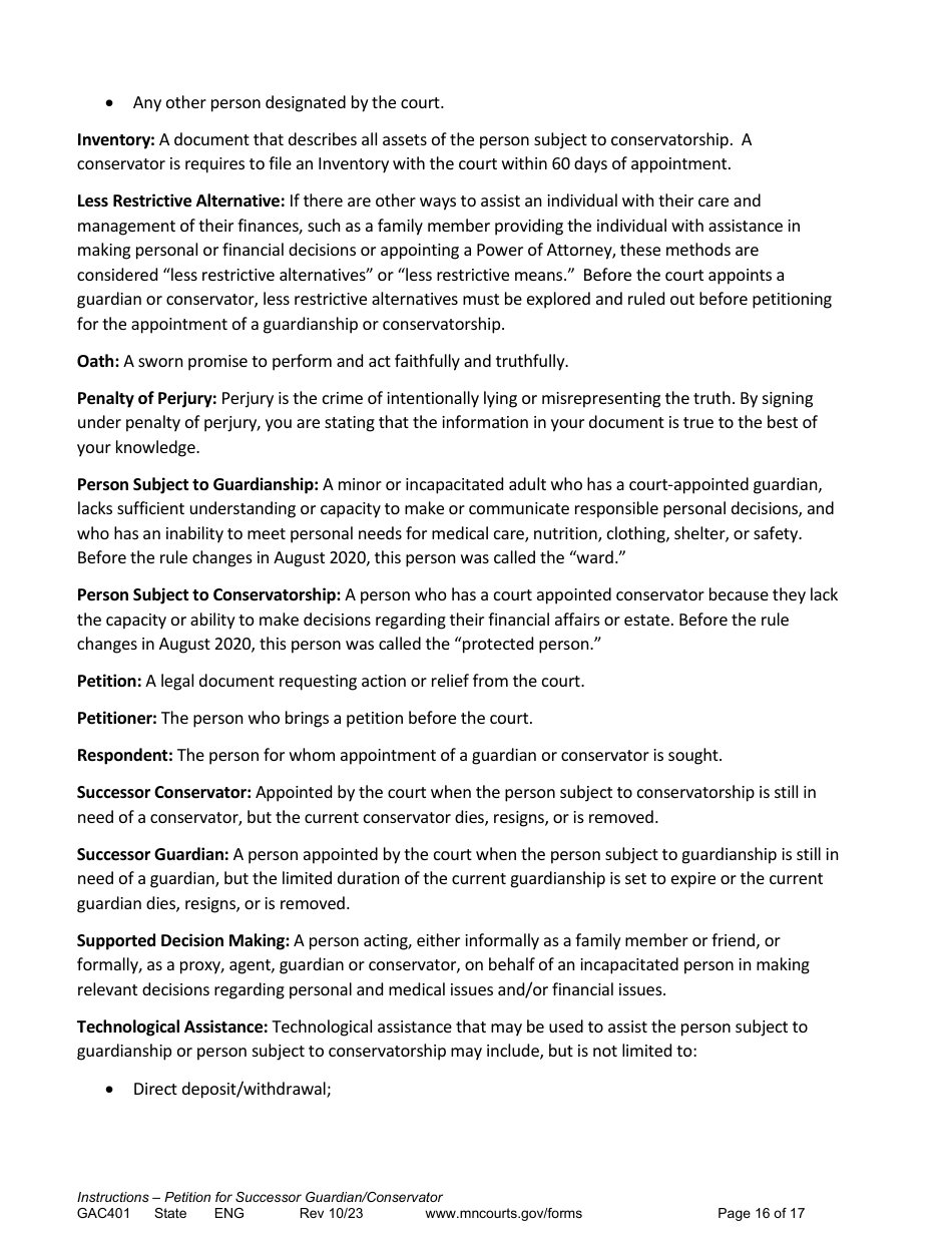 Form GAC401 Instructions - Petition for Successor Guardian / Conservator - Minnesota, Page 16