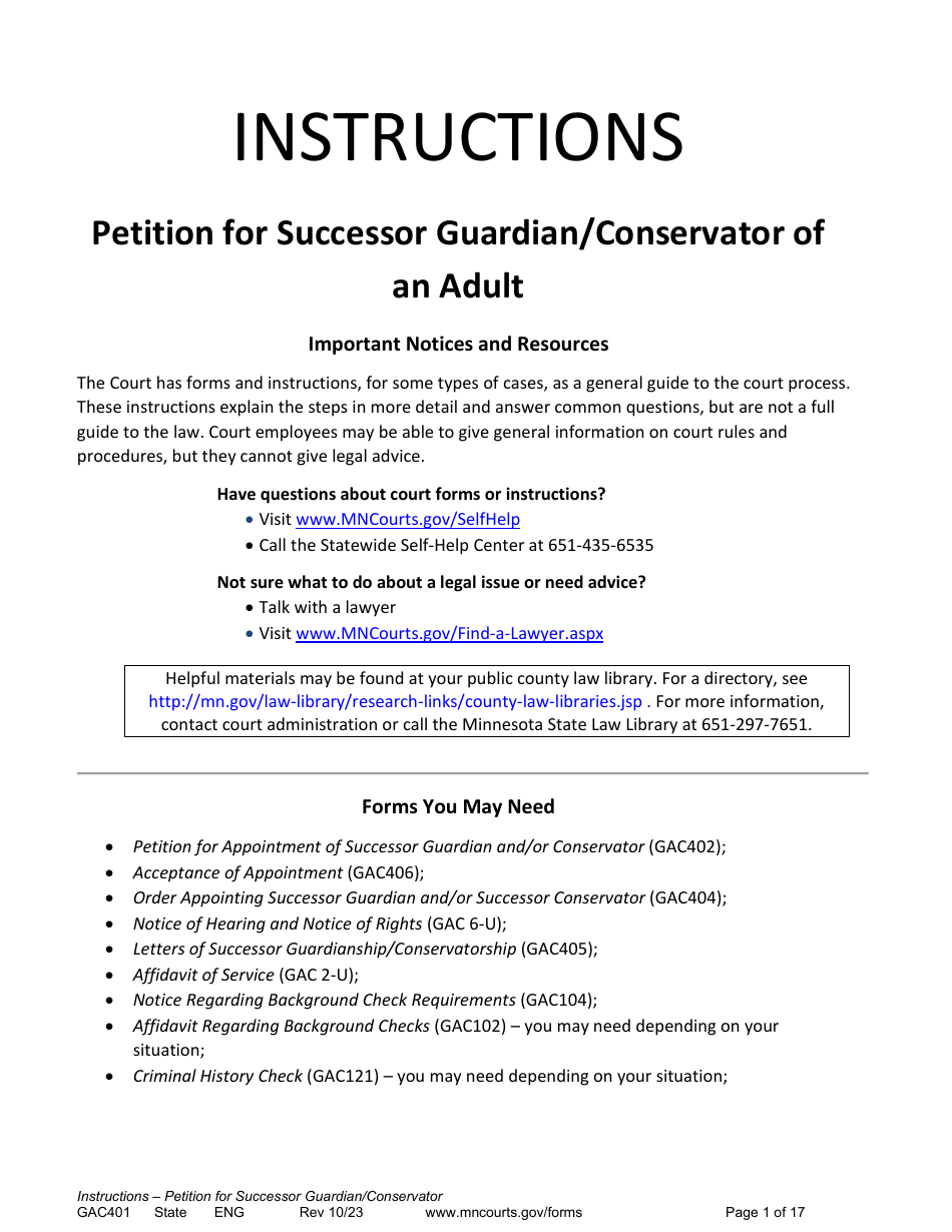 Form GAC401 Instructions - Petition for Successor Guardian / Conservator - Minnesota, Page 1