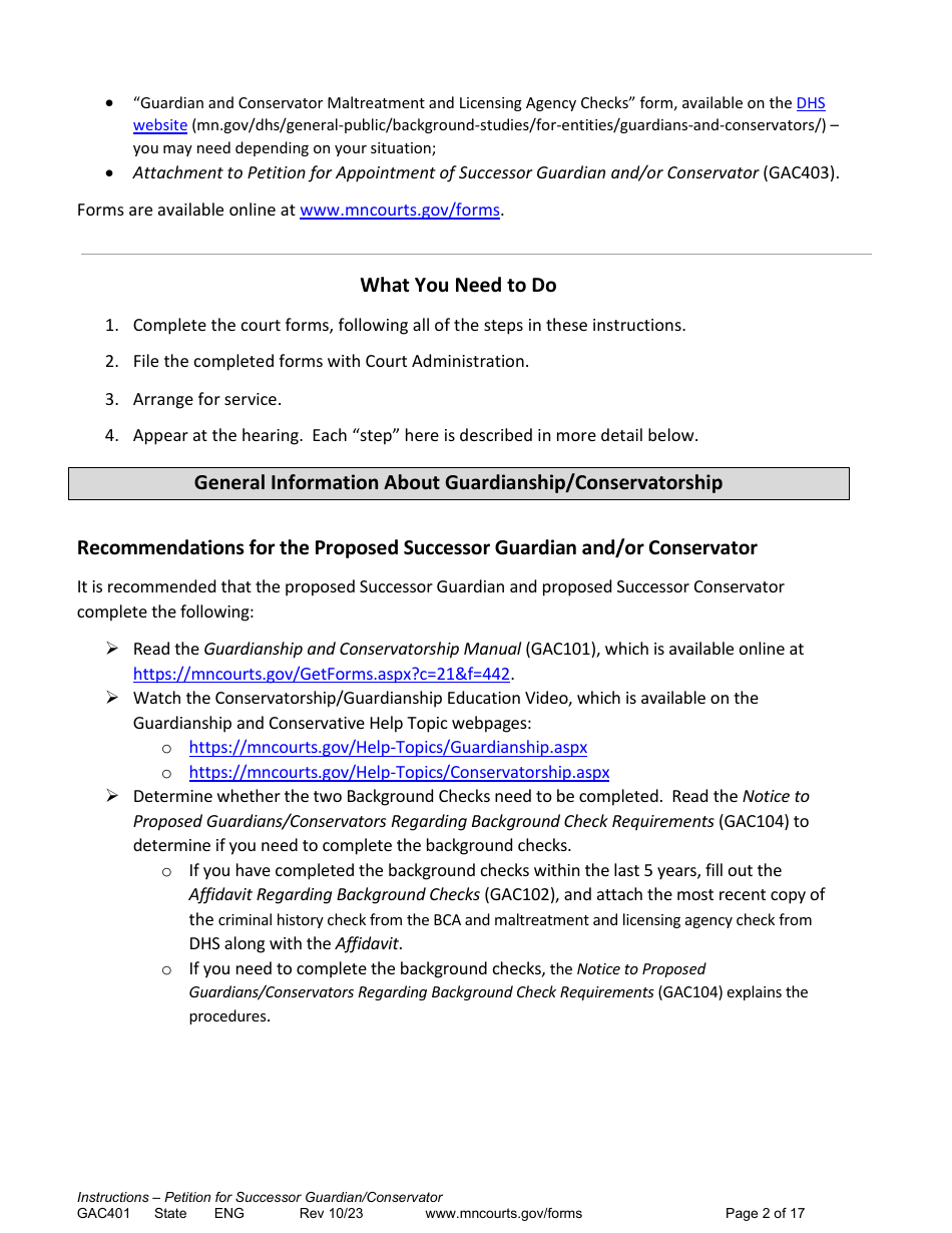 Form GAC401 Instructions - Petition for Successor Guardian / Conservator - Minnesota, Page 2