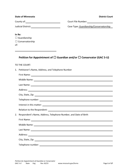 Form GAC5-U Petition for Appointment of General Conservator or Guardian - Minnesota
