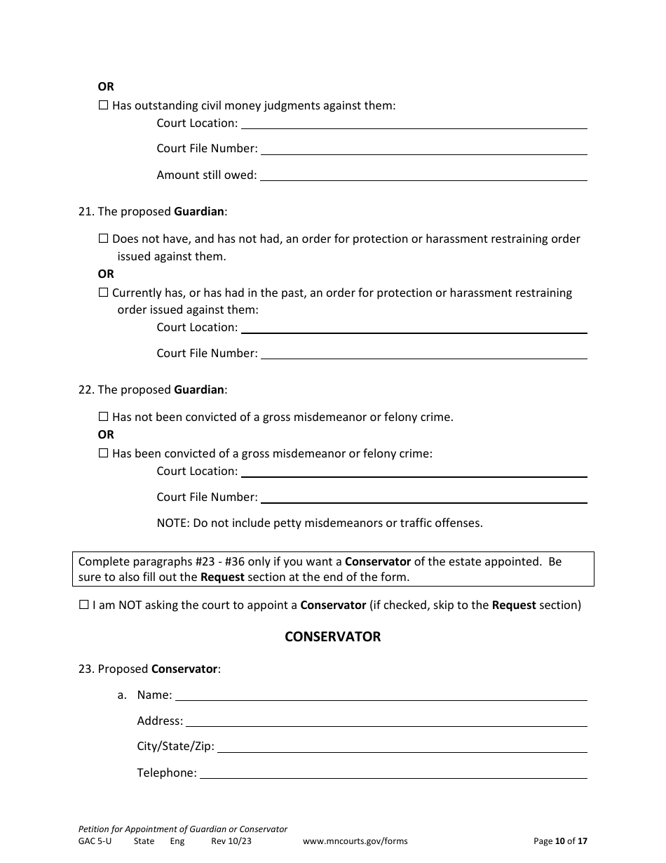 Form GAC5-U Petition for Appointment of General Conservator or Guardian - Minnesota, Page 10