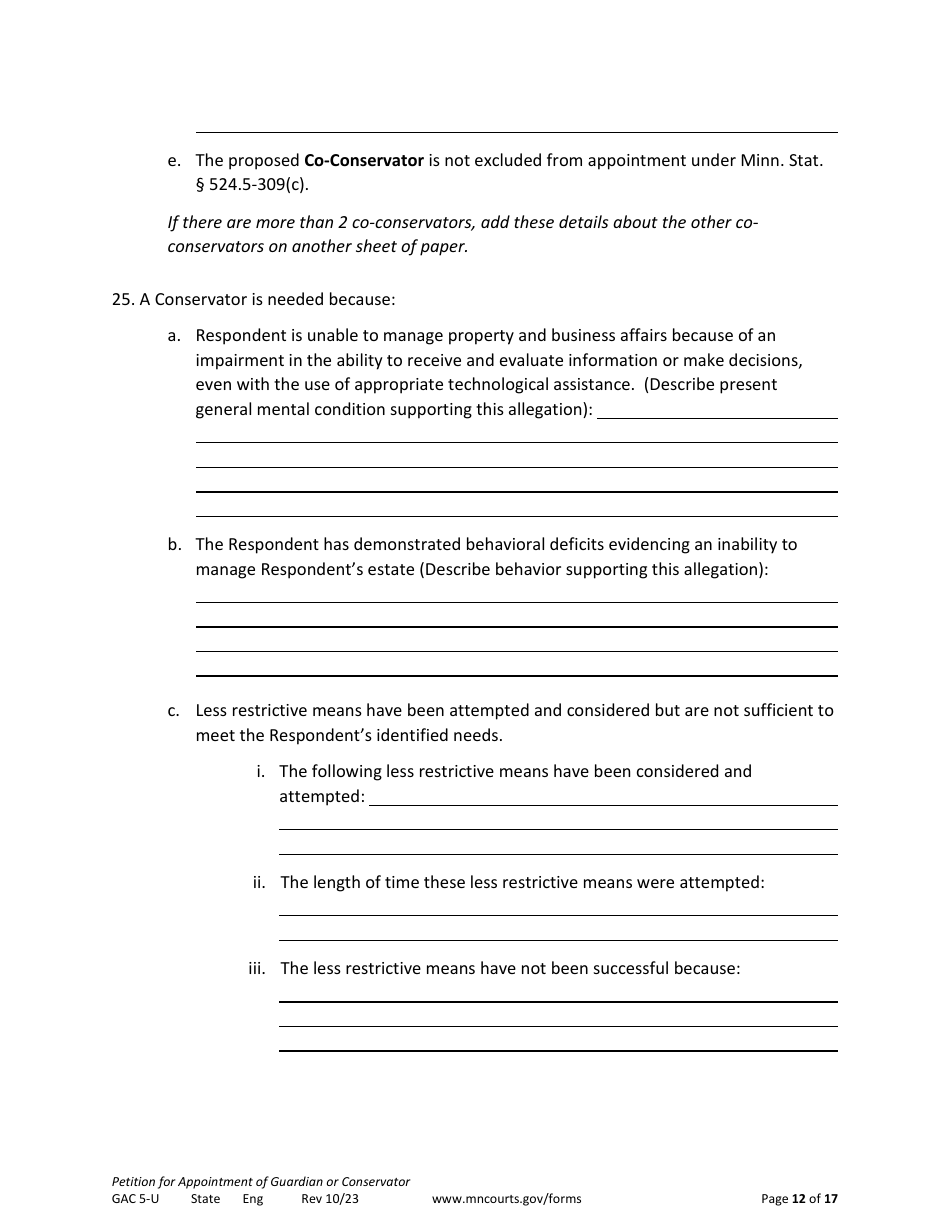 Form GAC5-U Petition for Appointment of General Conservator or Guardian - Minnesota, Page 12
