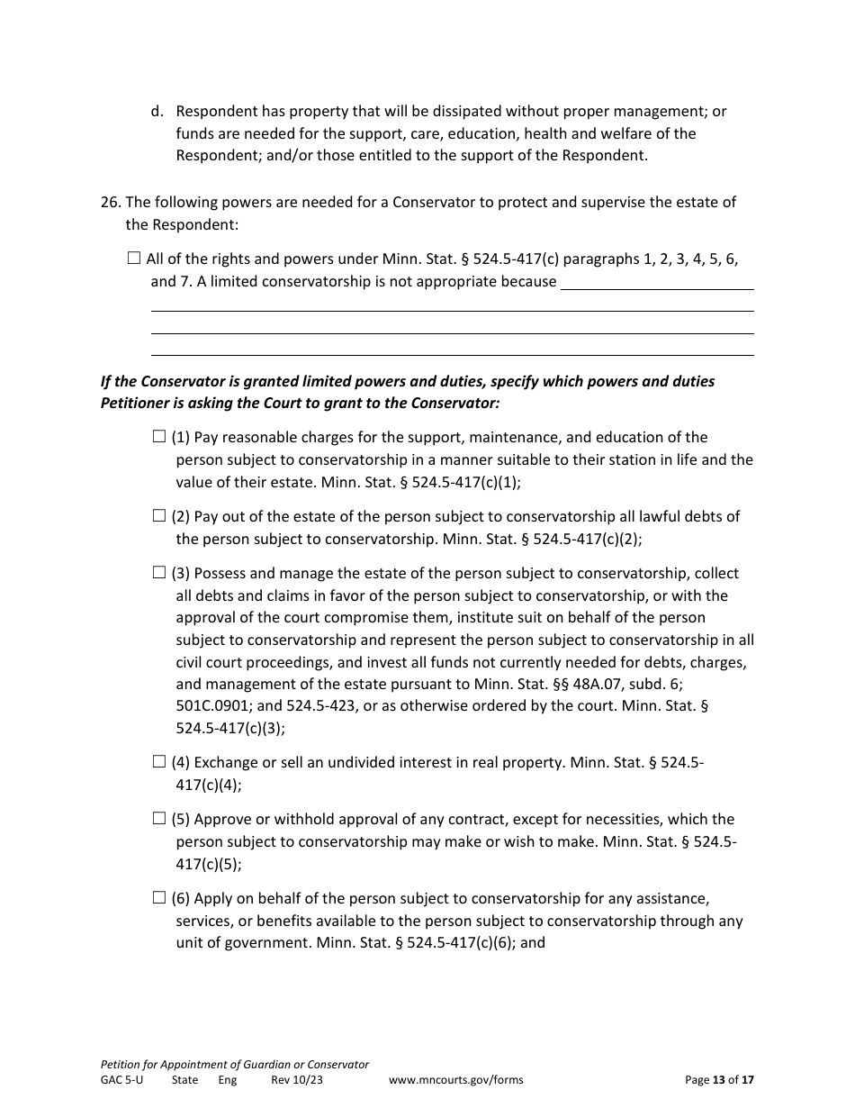 Form GAC5-U Petition for Appointment of General Conservator or Guardian - Minnesota, Page 13