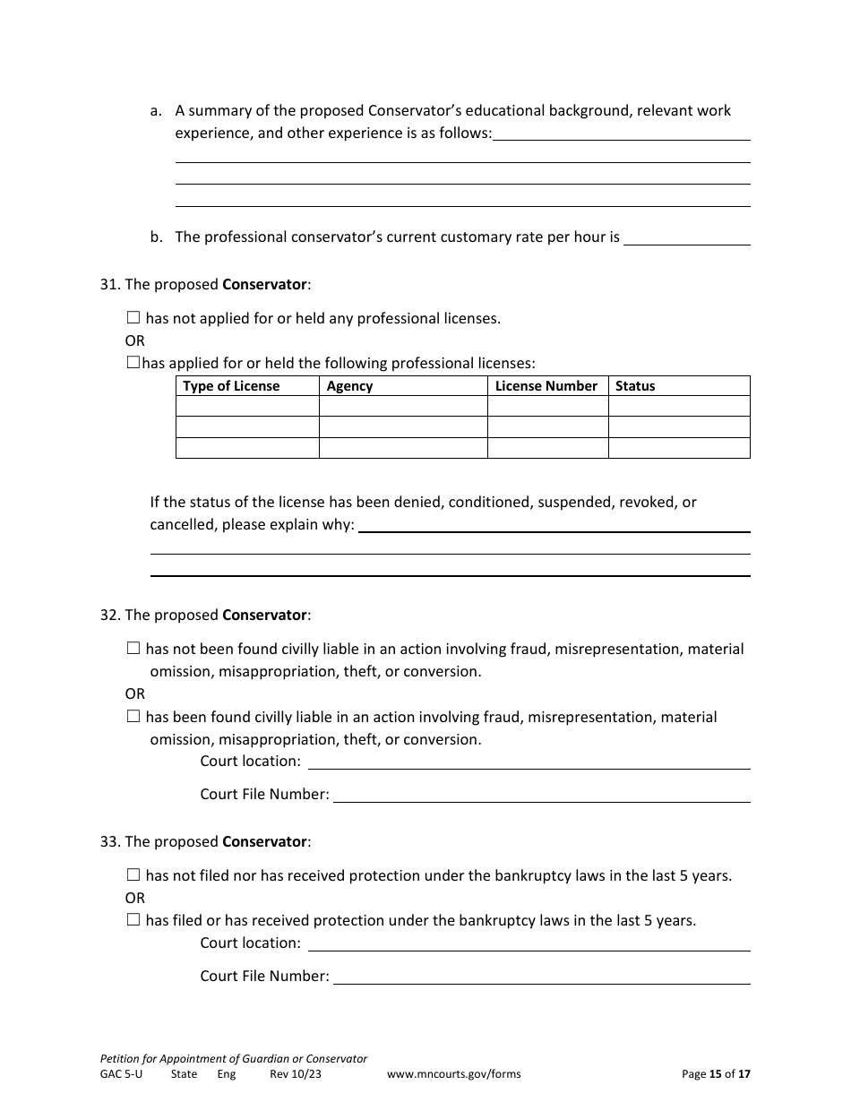 Form GAC5-U Petition for Appointment of General Conservator or Guardian - Minnesota, Page 15