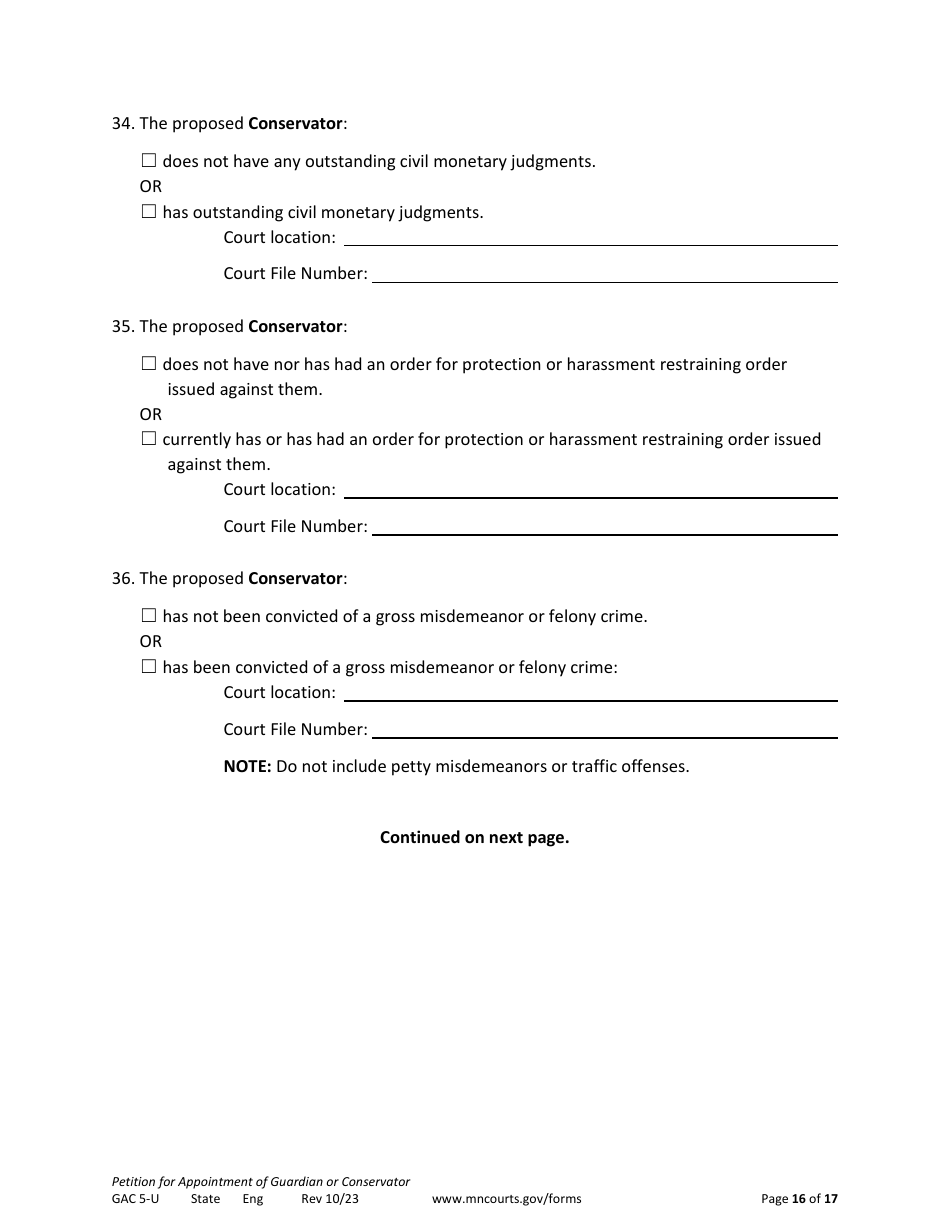 Form GAC5-U Petition for Appointment of General Conservator or Guardian - Minnesota, Page 16