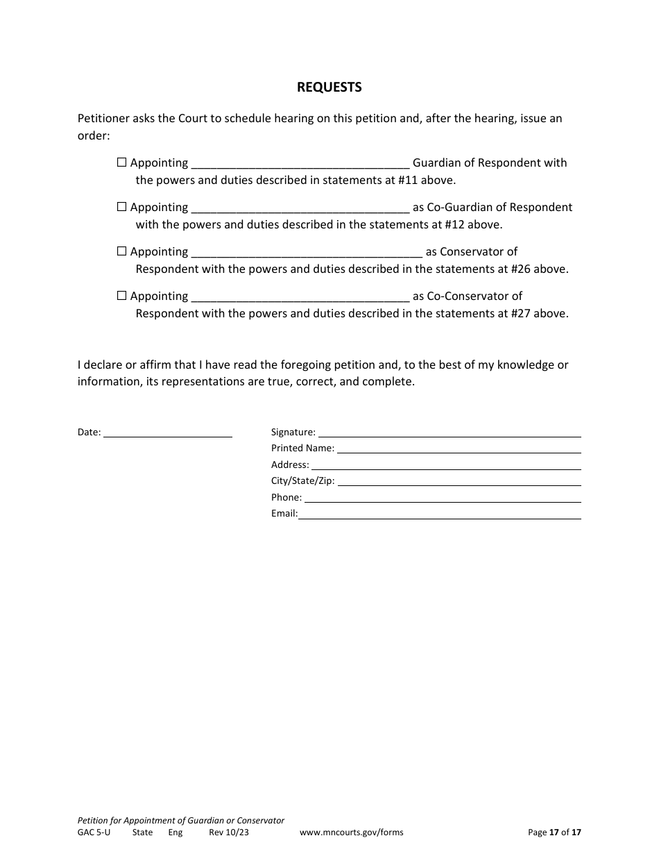 Form GAC5-U Petition for Appointment of General Conservator or Guardian - Minnesota, Page 17