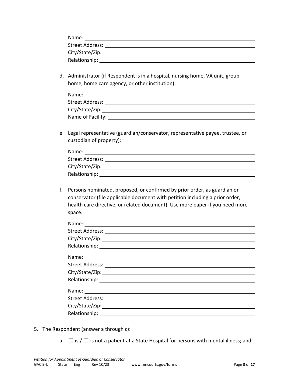 Form GAC5-U Petition for Appointment of General Conservator or Guardian - Minnesota, Page 3