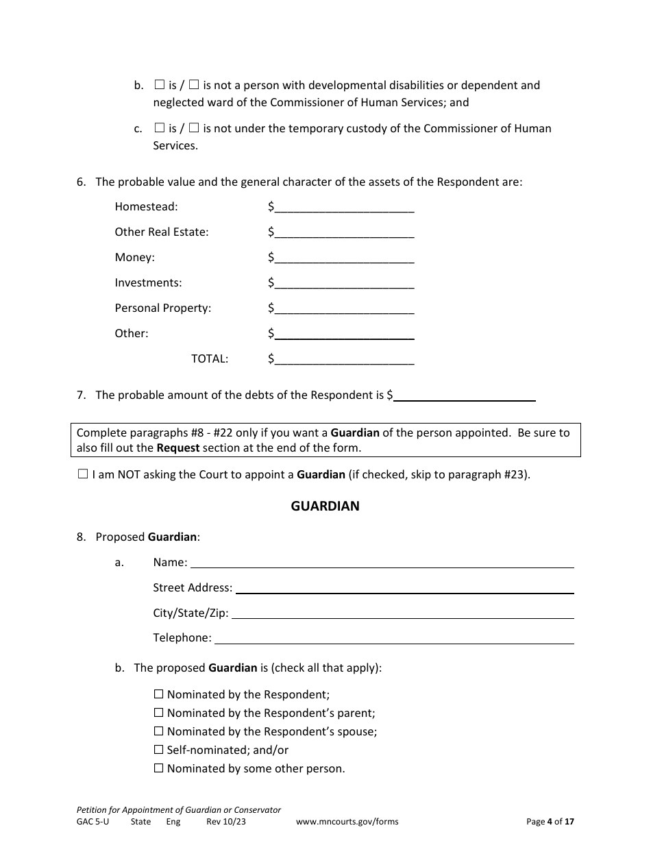 Form GAC5-U Petition for Appointment of General Conservator or Guardian - Minnesota, Page 4