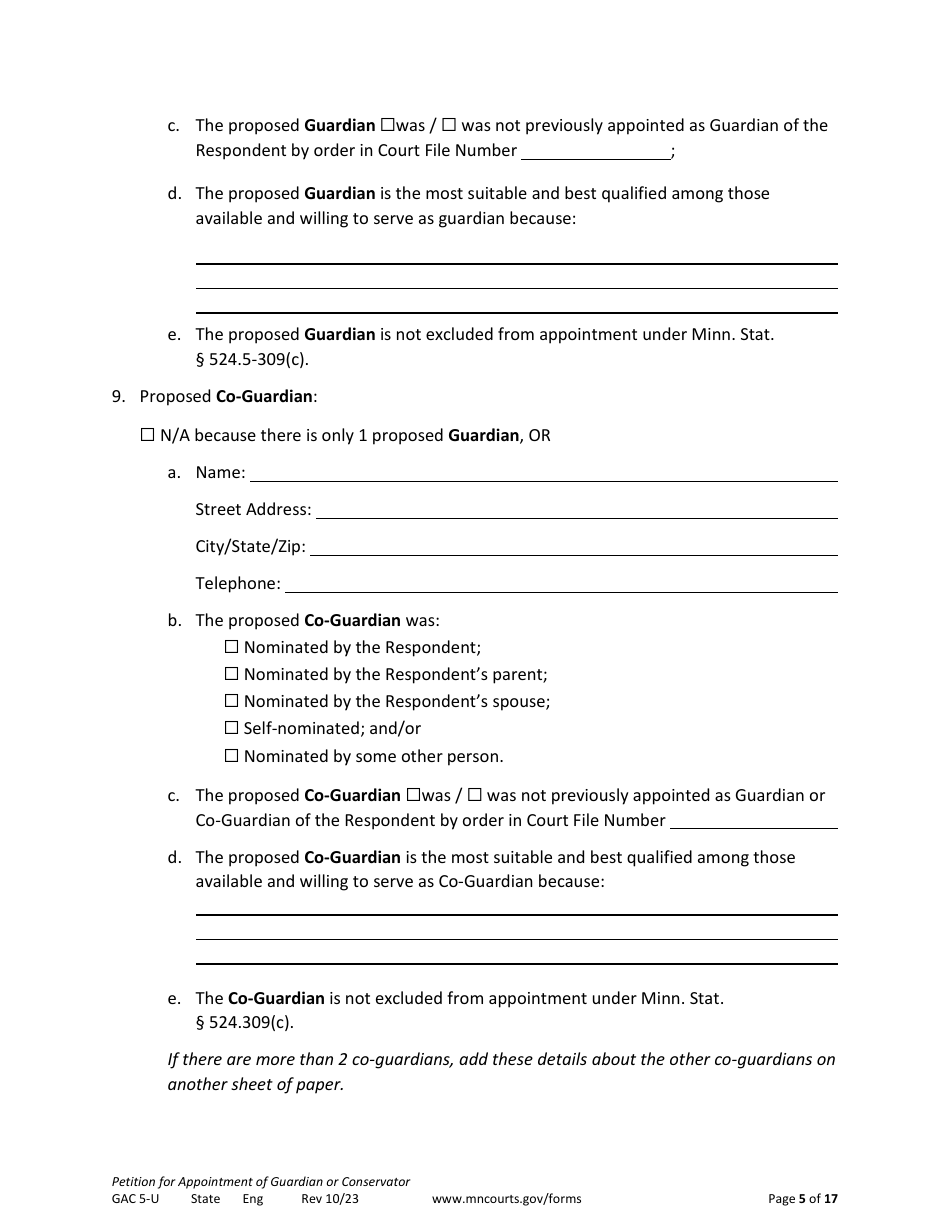 Form GAC5-U Petition for Appointment of General Conservator or Guardian - Minnesota, Page 5