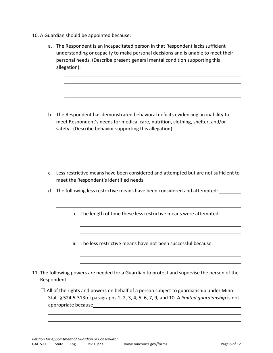 Form GAC5-U Petition for Appointment of General Conservator or Guardian - Minnesota, Page 6