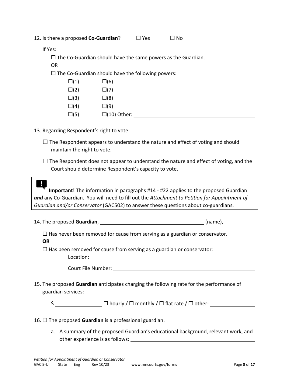 Form GAC5-U Petition for Appointment of General Conservator or Guardian - Minnesota, Page 8