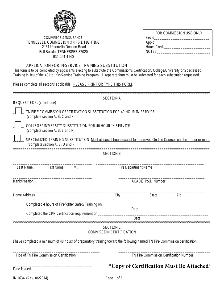 Form IN1634 Application for In-Service Training Substitution - Tennessee, Page 1