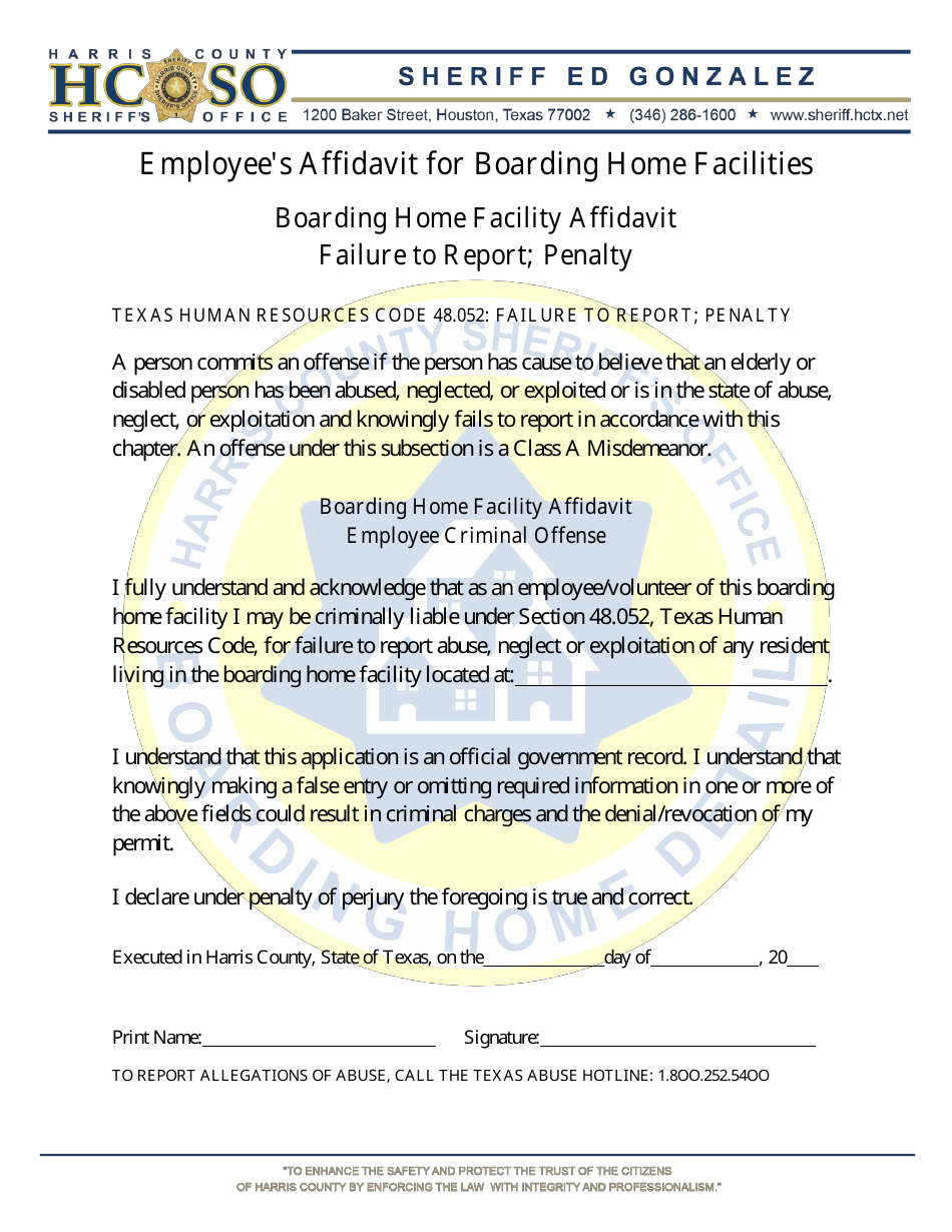 Employees Affidavit for Boarding Home Facilities - Harris County, Texas, Page 1