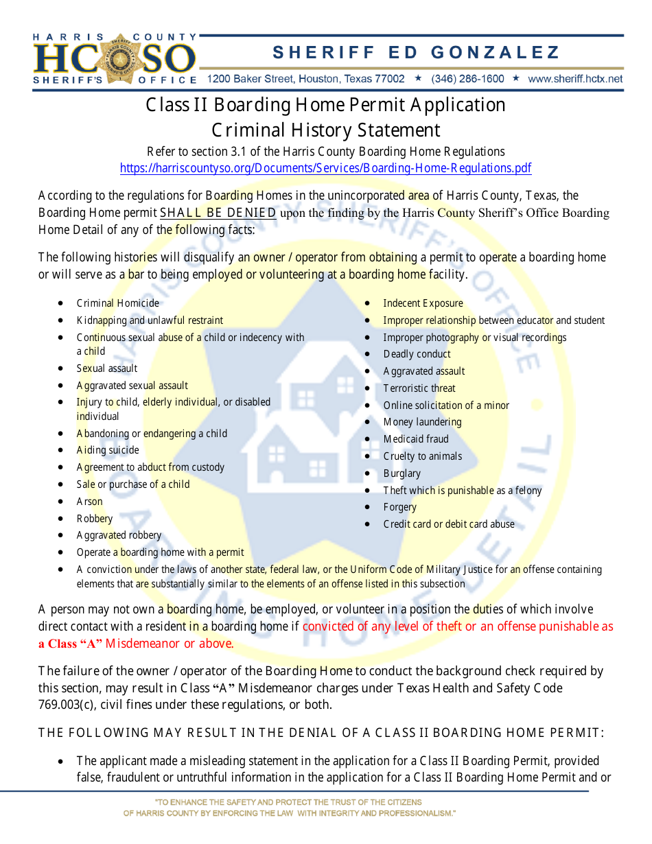 Class II Boarding Home Permit Application - Criminal History Statement - Harris County, Texas, Page 1
