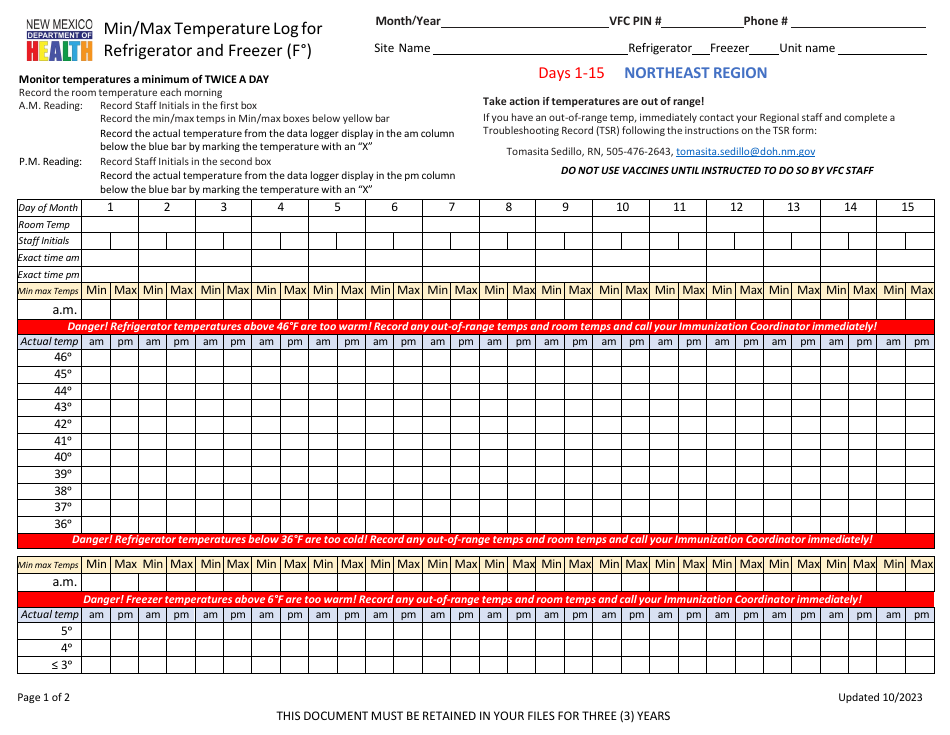 Min / Max Temperature Log for Refrigerator and Freezer - Northeast Region - New Mexico, Page 1