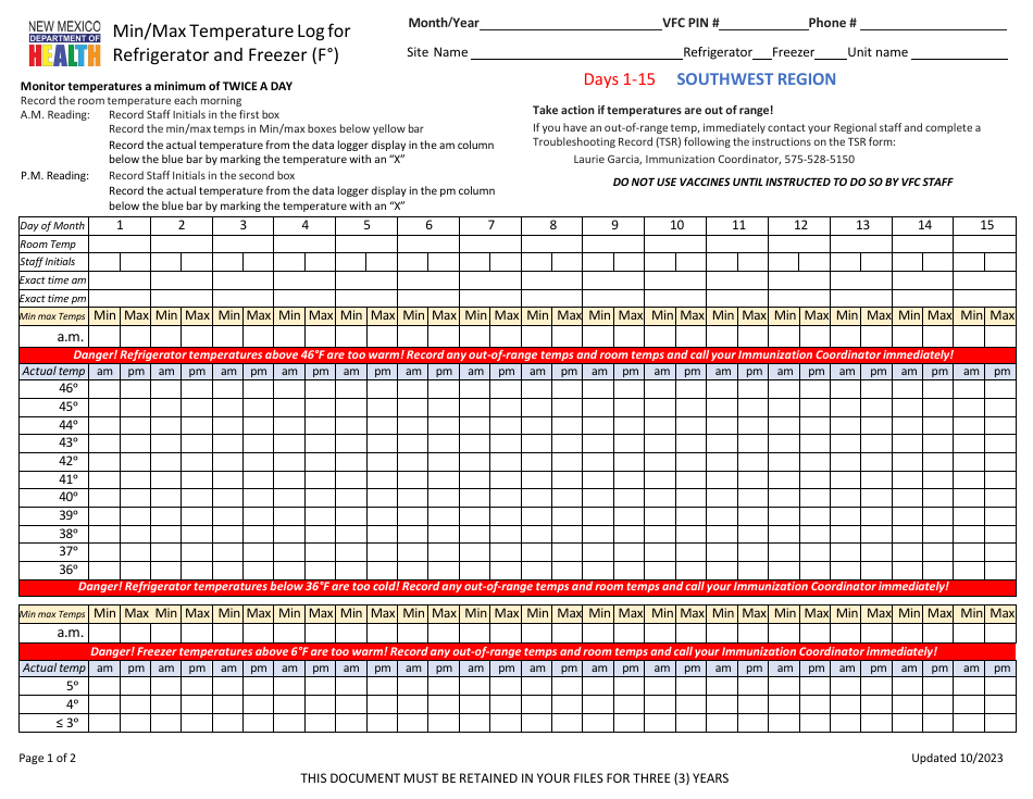 Min / Max Temperature Log for Refrigerator and Freezer - Southwest Region - New Mexico, Page 1