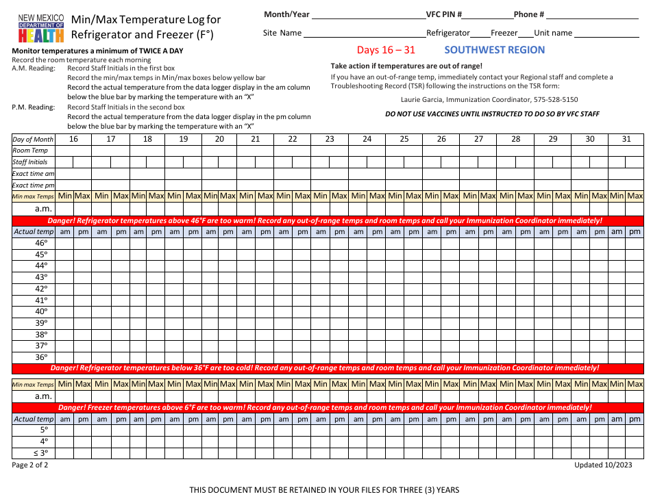 Min / Max Temperature Log for Refrigerator and Freezer - Southwest Region - New Mexico, Page 2