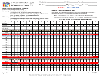 Document preview: Min/Max Temperature Log for Refrigerator and Freezer - Metro Region - New Mexico