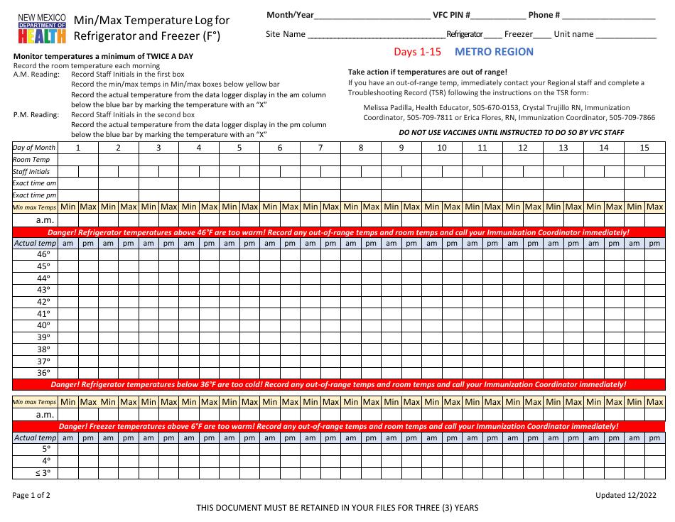 Min / Max Temperature Log for Refrigerator and Freezer - Metro Region - New Mexico, Page 1