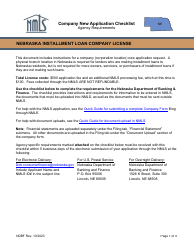 Document preview: Company New Application Checklist - Nebraska Installment Loan Company License - Nebraska