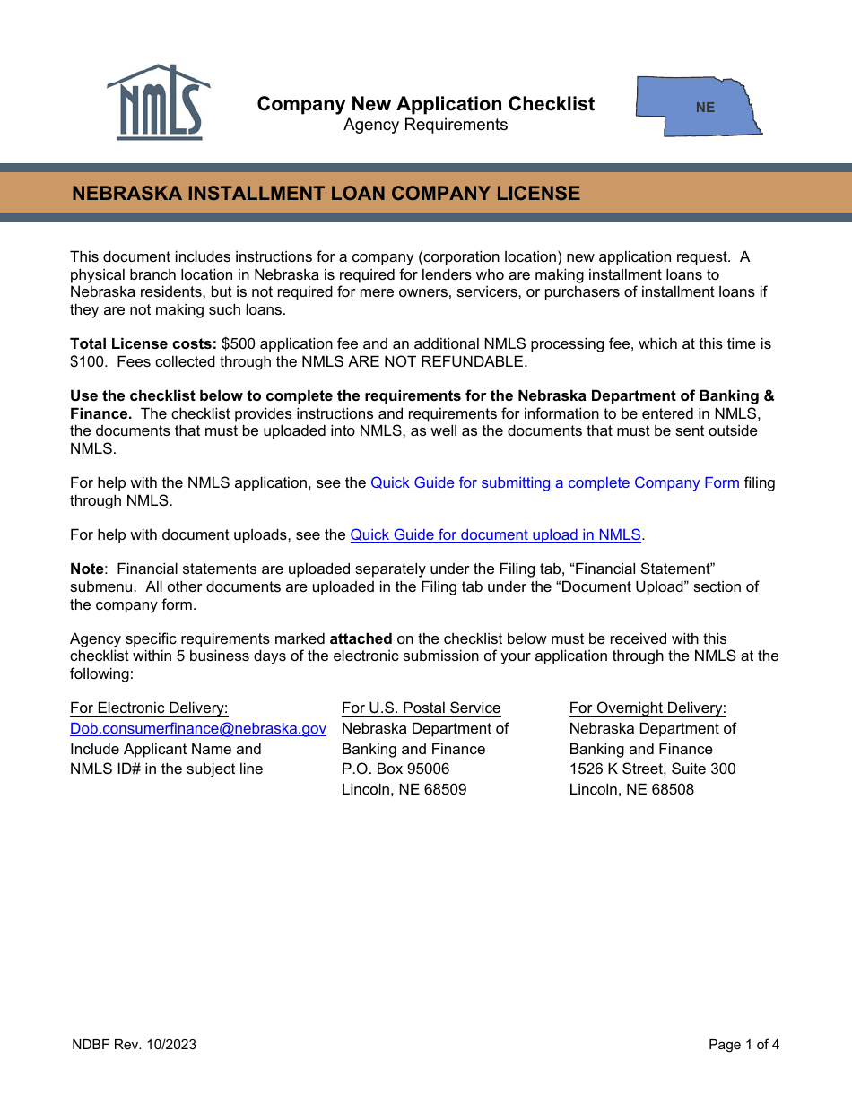 Company New Application Checklist - Nebraska Installment Loan Company License - Nebraska, Page 1