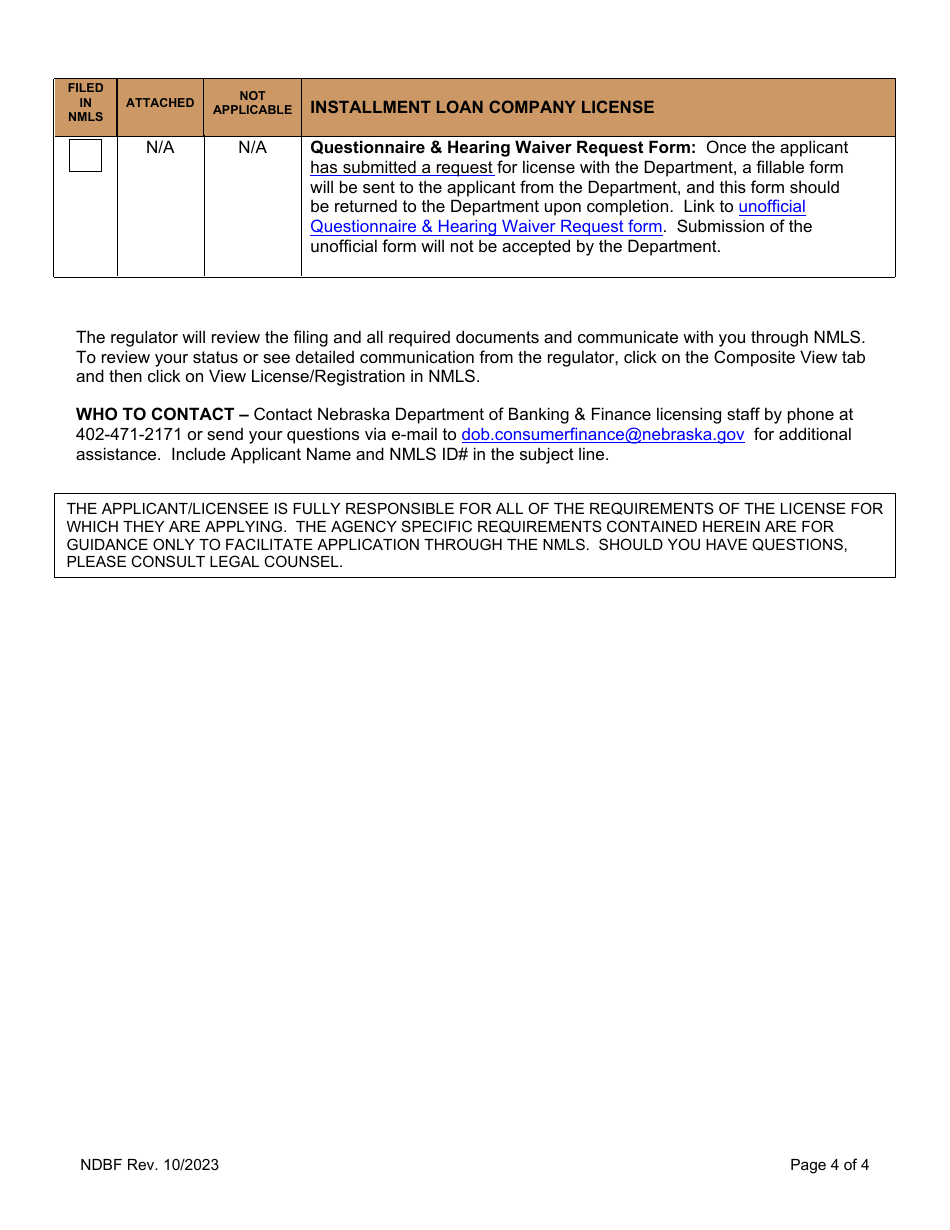 Company New Application Checklist - Nebraska Installment Loan Company License - Nebraska, Page 4