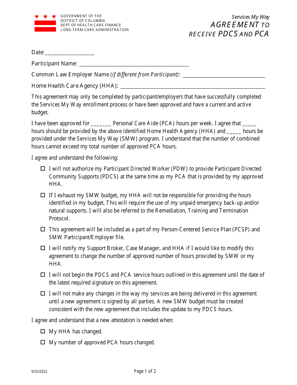 Agreement to Receive Pdcs and Pca - Services My Way - Washington, D.C., Page 1