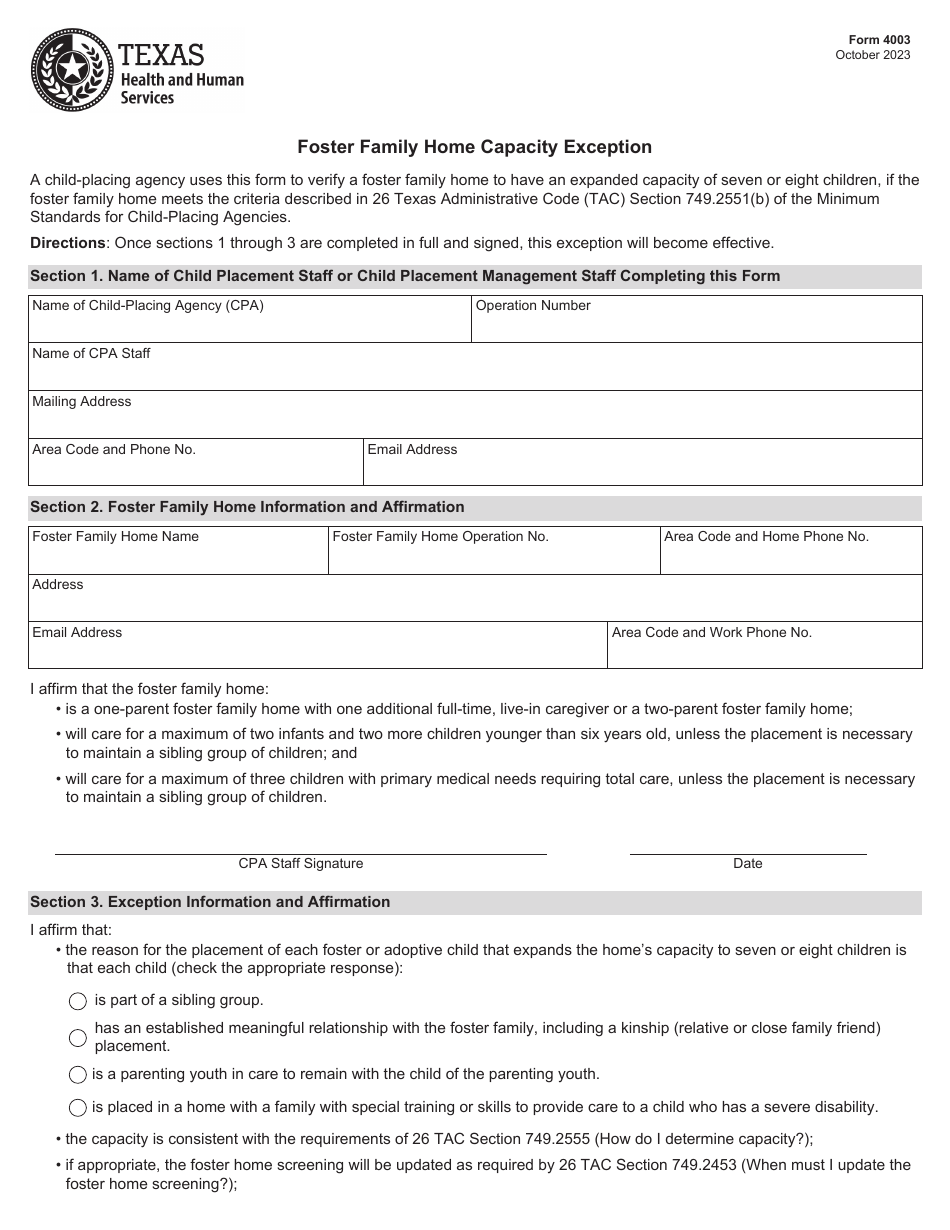 Form 4003 Foster Family Home Capacity Exception - Texas, Page 1