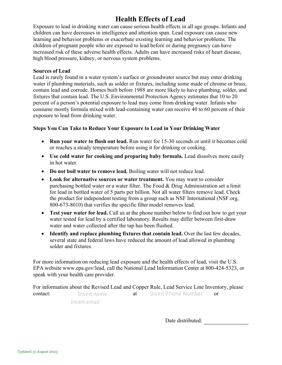 Notification of Known or Potential Service Line Containing Lead Form - Vermont, Page 3