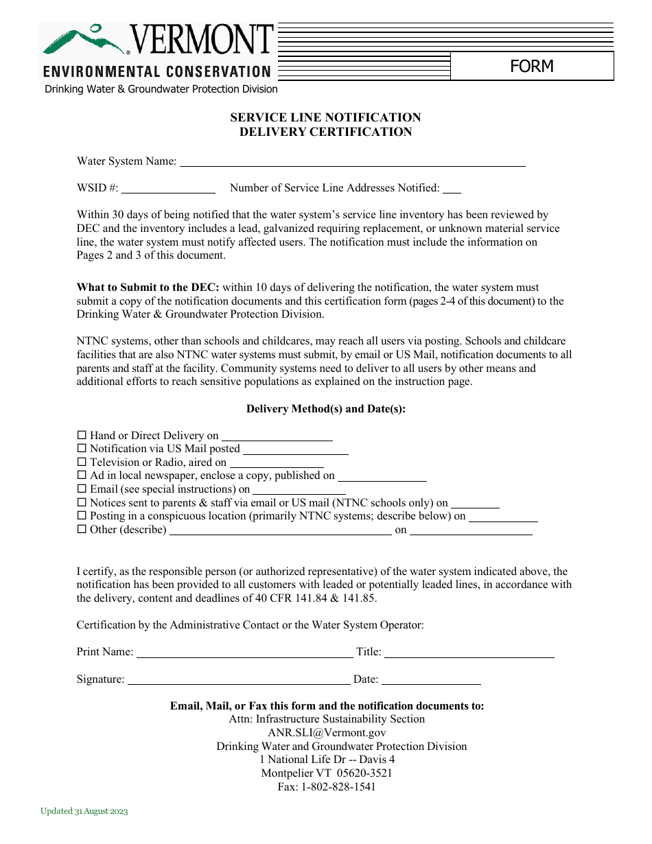 Notification of Known or Potential Service Line Containing Lead Form - Vermont, Page 4