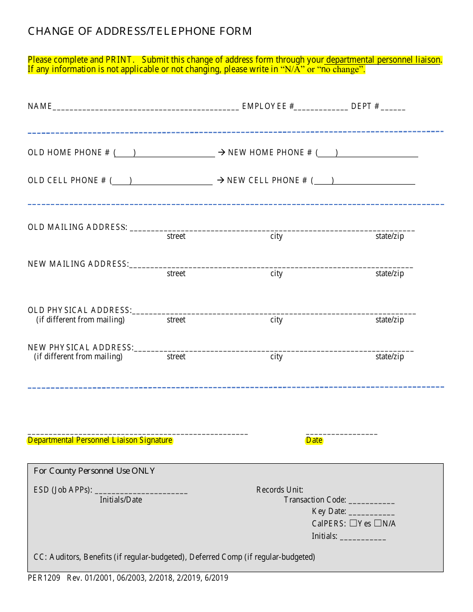 Form PER1209 Change of Address / Telephone Form - County of Santa Cruz, California, Page 1
