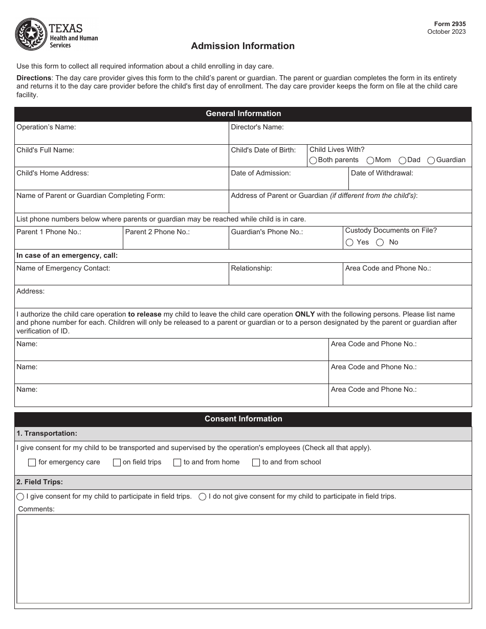 Form 2935 Admission Information - Texas, Page 1