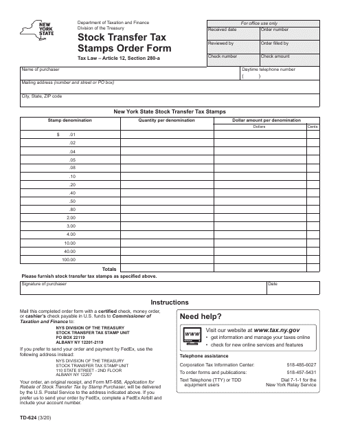 Form TD-624 Stock Transfer Tax Stamps Order Form - New York