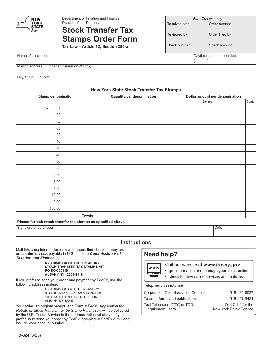 Form TD-624 Stock Transfer Tax Stamps Order Form - New York, Page 1