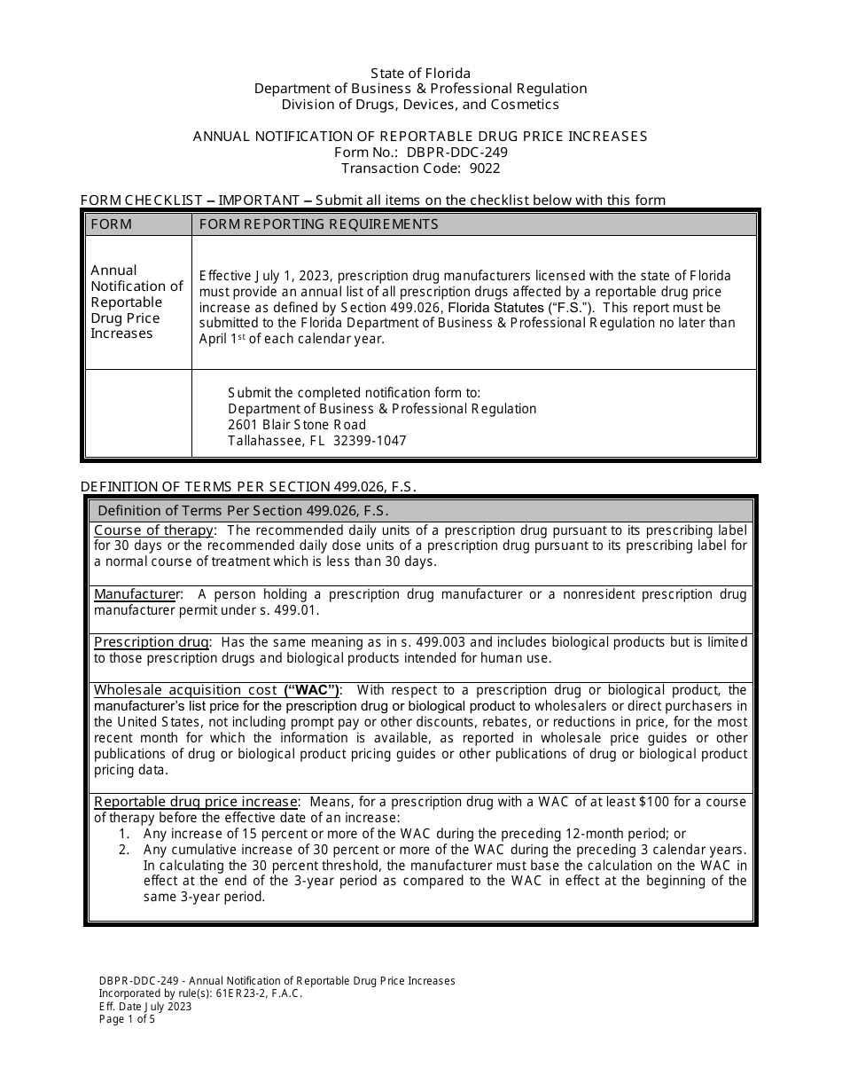 Form DBPR-DDC-249 Annual Notification of Reportable Drug Price Increases - Florida, Page 1