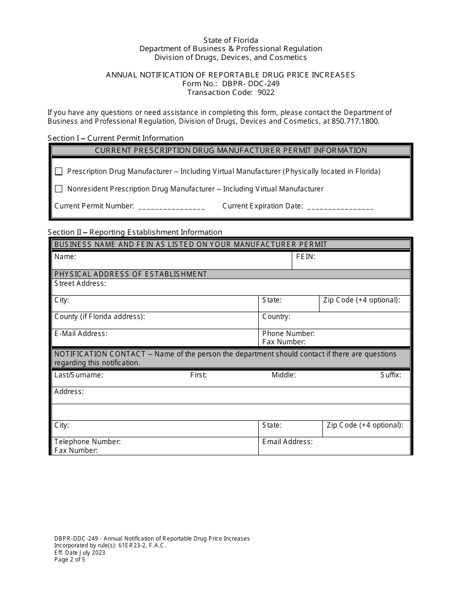 Form DBPR-DDC-249 Annual Notification of Reportable Drug Price Increases - Florida, Page 2