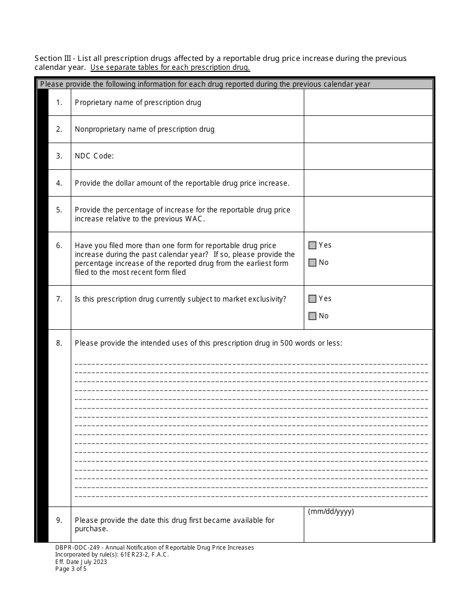 Form DBPR-DDC-249 Annual Notification of Reportable Drug Price Increases - Florida, Page 3
