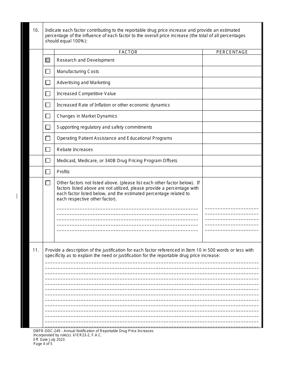 Form DBPR-DDC-249 Annual Notification of Reportable Drug Price Increases - Florida, Page 4