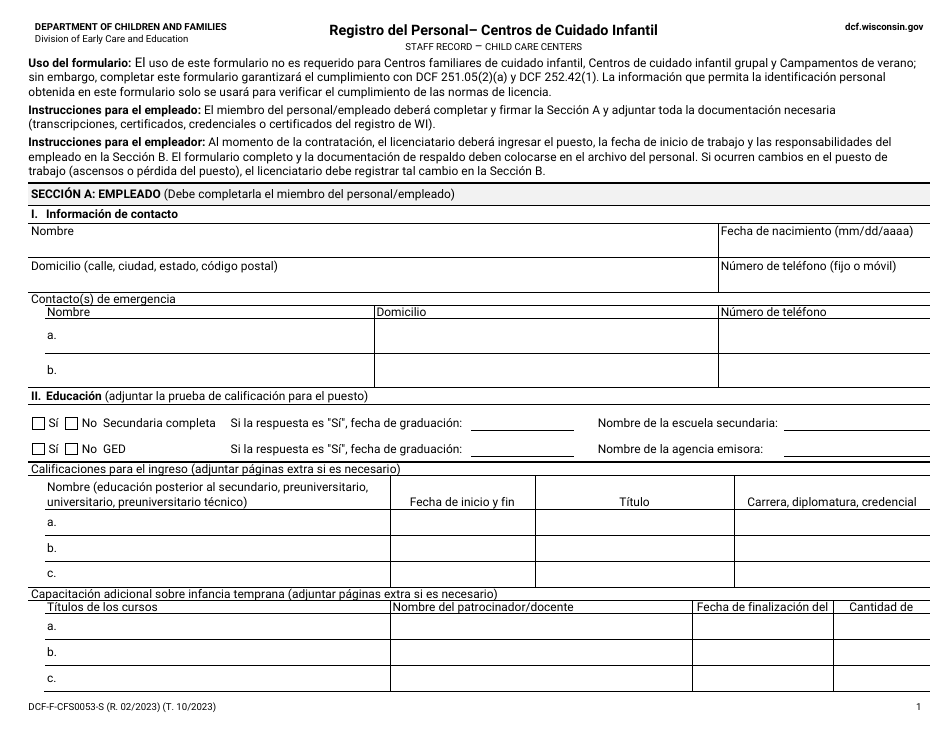 Formulario DCF-F-CFS0053-S Registro Del Personal - Centros De Cuidado Infantil - Wisconsin (Spanish), Page 1