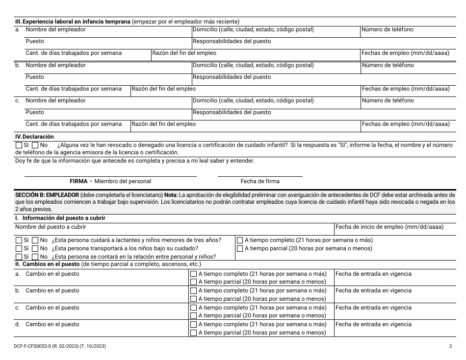 Formulario DCF-F-CFS0053-S Registro Del Personal - Centros De Cuidado Infantil - Wisconsin (Spanish), Page 2