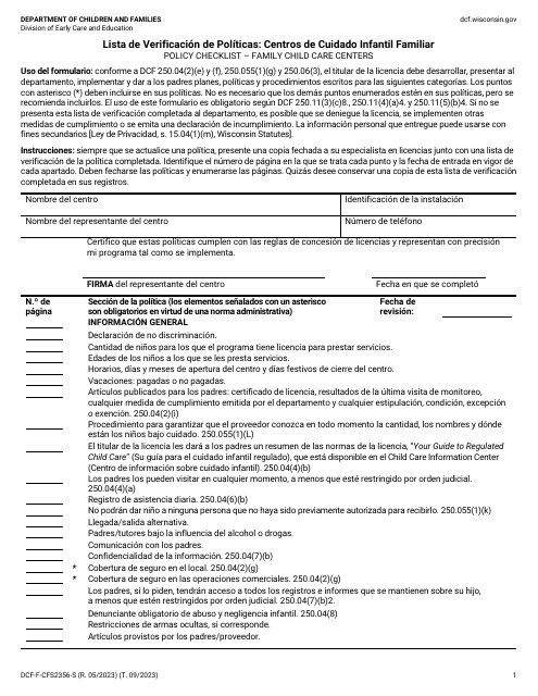 Formulario DCF-F-CFS2356-S Lista De Verificacion De Politicas: Centros De Cuidado Infantil Familiar - Wisconsin (Spanish)
